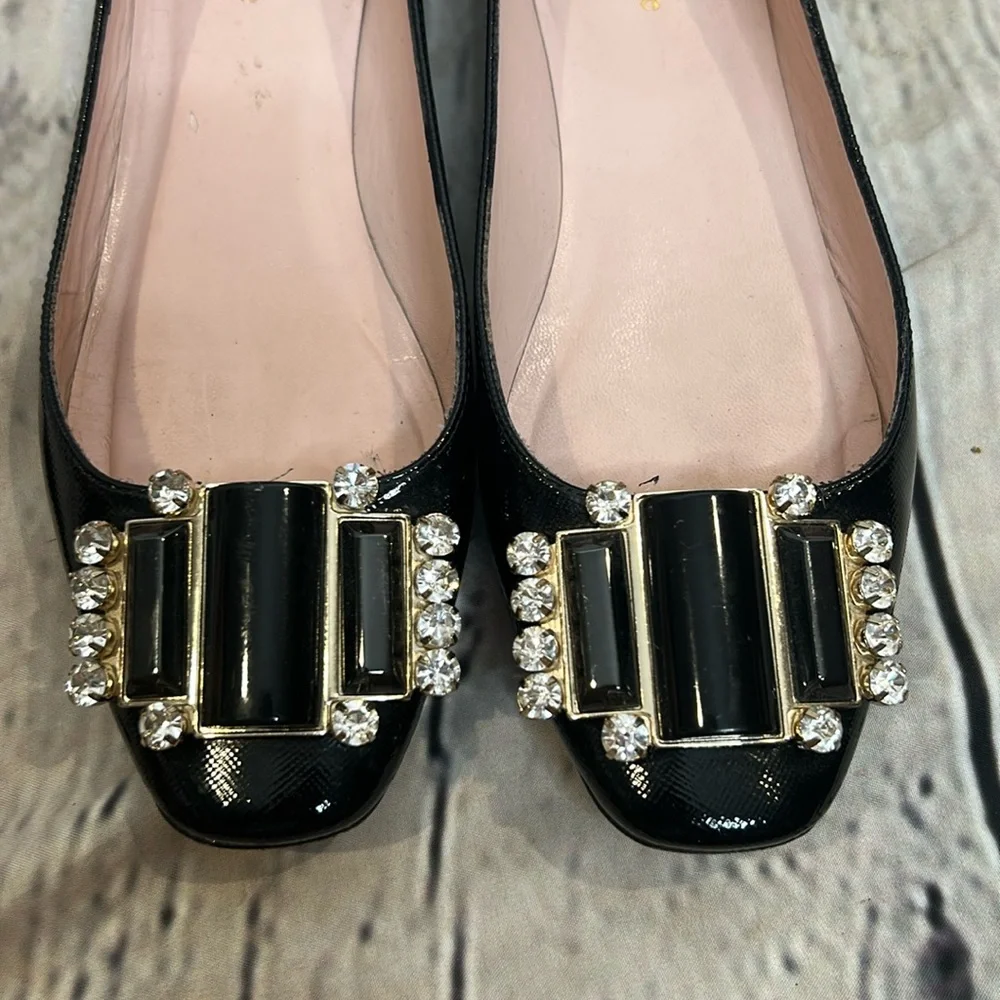 Kate Spade Black Patent Leather Rhinestone Encrusted Accent Flat Shoes Size 6